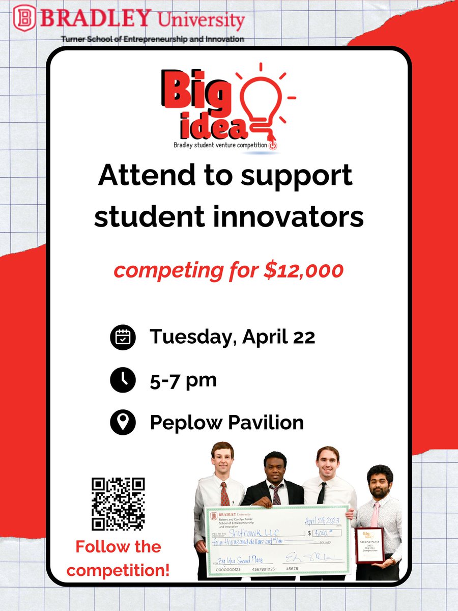 💡 Big Idea 2025 Finals is here!

Four student-led startups will pitch their ventures for a chance to win $12,000 in funding. Come support the next generation of innovators!

🗓️ April 22 | ⏰ 5–7 PM
📍 Peplow Pavilion, Hayden-Clark Alumni Center

Open to the public!