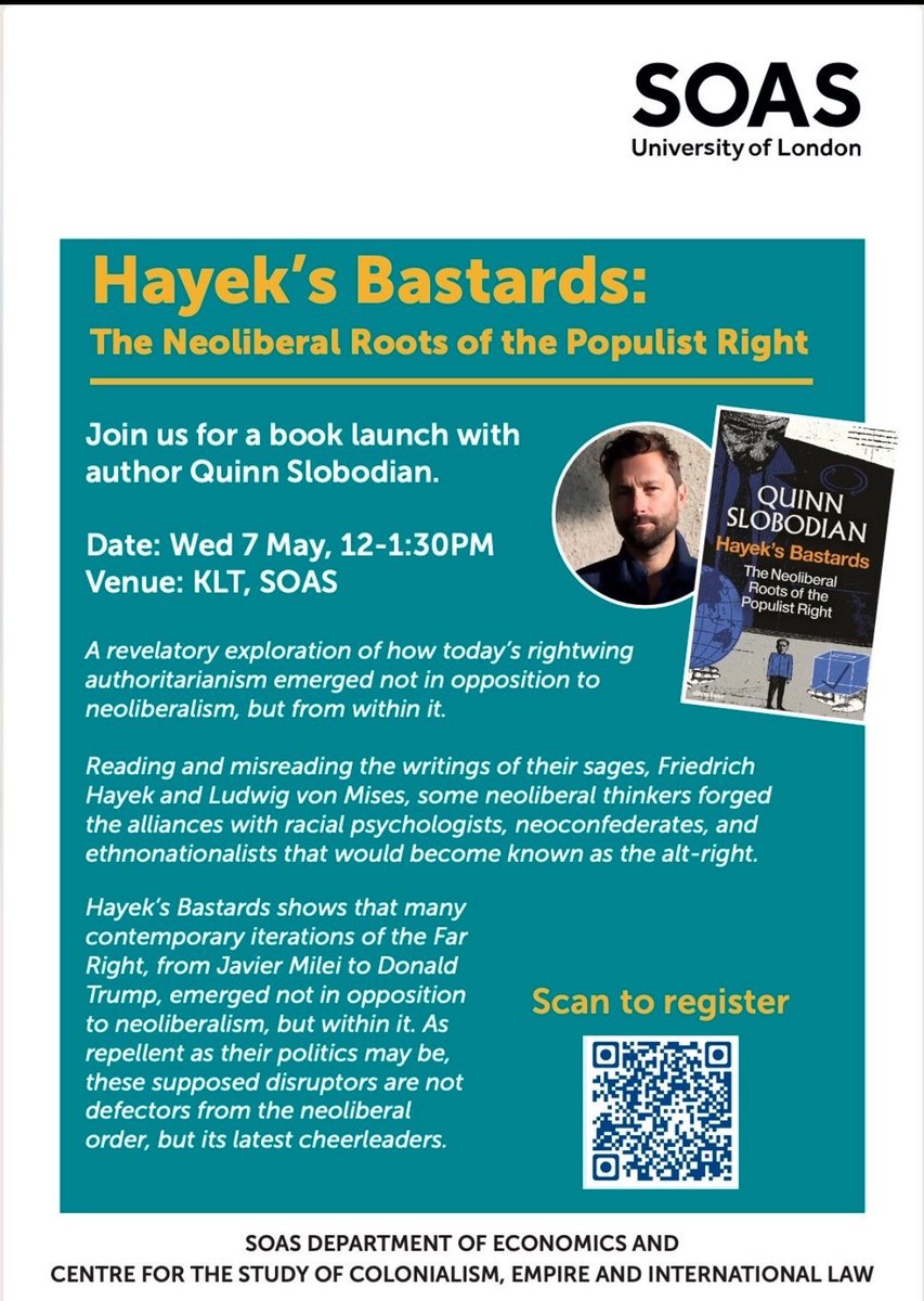 Surbhi Kesar (@surbhikesar) on Twitter photo Join us for a book talk with author Quinn Slobodian <a href="/zeithistoriker/">Quinn Slobodian</a>, who will present and discuss his new book Hayeksโs Bastards at SOAS on May 7 at 12 pm.
<a href="/SOASEconomics/">SOAS Economics</a> <a href="/soasLAW/">SOAS Law</a> Join us for a book talk with author Quinn Slobodian <a href="/zeithistoriker/">Quinn Slobodian</a>, who will present and discuss his new book Hayeksโs Bastards at SOAS on May 7 at 12 pm.
<a href="/SOASEconomics/">SOAS Economics</a> <a href="/soasLAW/">SOAS Law</a>
