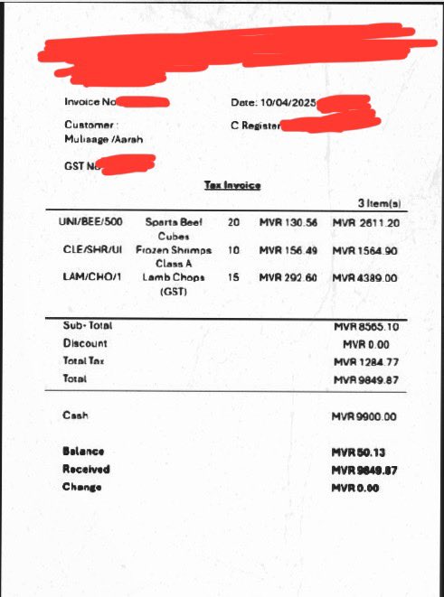 HKurusee's tweet photo. This is what Muliyaage/Aarah purchased today.

1. Sparta Beef Cubes (x 10 packs)
Total: 2,611.20 MVR

2. Frozen Shrimps Class A (x 10)
Total: 1,564.90 MVR

3. Lamb Chops (x 15)
Total: 4,389.00 MVR

Altogether 9,849.87 MVR.

We, taxpayers paid the bill. This is just today, something they very casually purchased today. @MMuizzu, @SajidhaMohamed and their families don’t eat tuna at all.