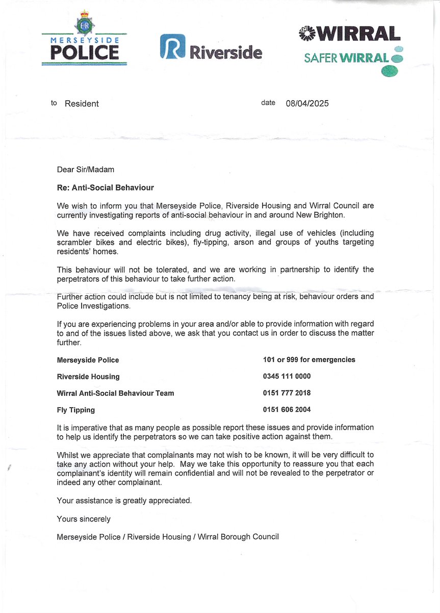 The Anti-Social behaviour leaflet that we handed out on Tuesday. It's really important that you report any incident so the perpetrators can be dealt with. Dont let the idiots destroy our lovely town