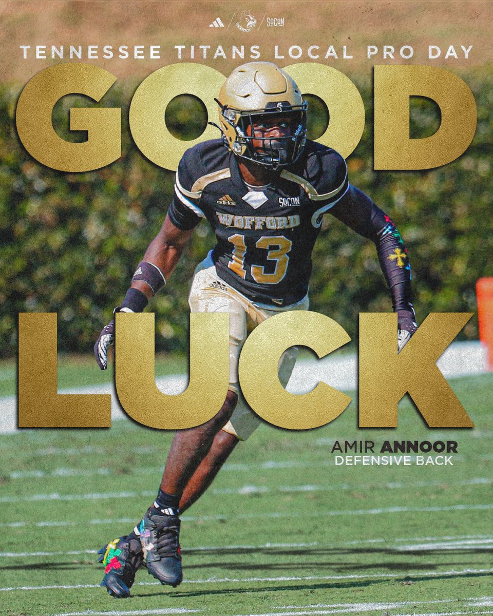 Wofford Football (@wofford_fb) on Twitter photo Good luck to Amir Annoor at the <a href="/Titans/">Tennessee Titans</a> local pro day on Friday in Nashville! Good luck to Amir Annoor at the <a href="/Titans/">Tennessee Titans</a> local pro day on Friday in Nashville!