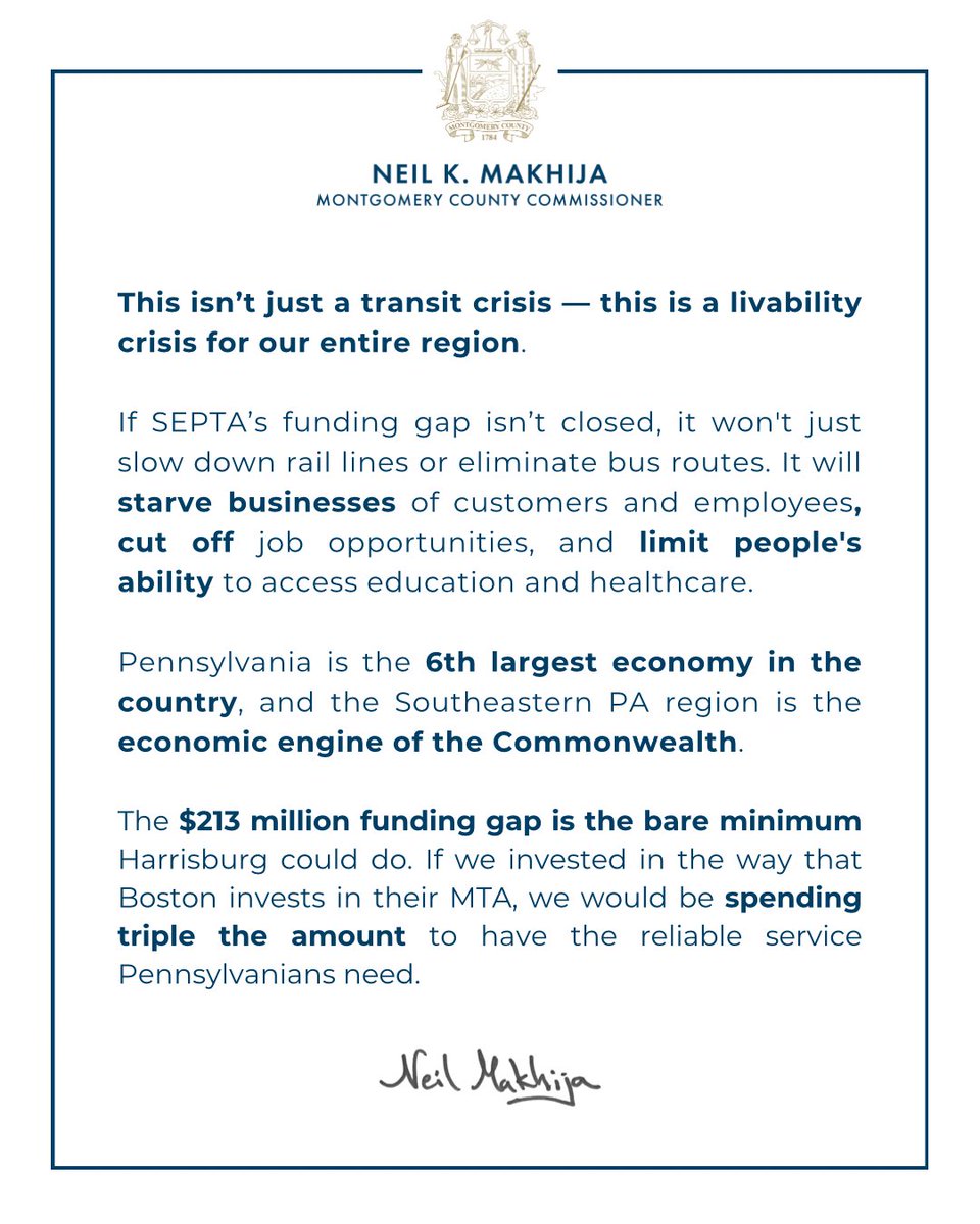 Re: <a href="/SEPTA/">SEPTA</a> funding crisis

If SEPTA's funding gap isn't closed, it won't just slow down rail lines or eliminate bus routes. It will starve businesses of customers and employees, cut off job opportunities, and limit people's ability to access education and healthcare.