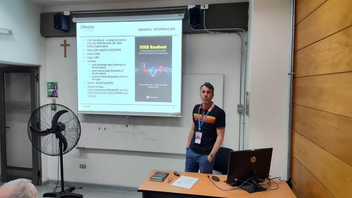Uhernand's tweet photo. @IngDeusto presenting VISIR handbook at #STE2025 conference in Santiago de Chile @DuocUC #RemoteLabs #HIVERemoteLab @labsland https://t.co/tNZfhwvYCu