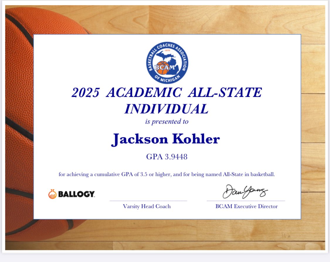 Congratulations to Jackson Kohler for earning BCAM Academic All-State honors today.