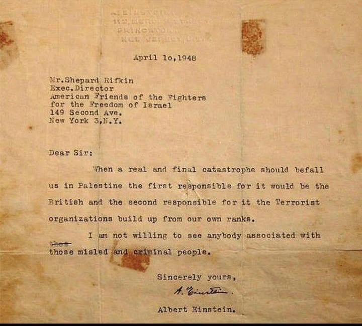 JuezLopezMDP's tweet photo. ¿Para la DAIA Albert Einstein fue anti-semita?  Aquí el científico les dice “terroristas” a los sionistas. https://t.co/C5n8FLqxhL