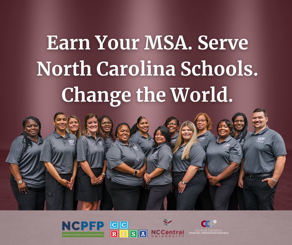 Earn your MSA. Serve North Carolina Schools. Change the world.

For more information on the CCP3 Principal Preparation Program, please visit our website ccp3.org.

#NCCU #CCP3 #CCRESA #NCPFP #leadership #LeadershipMatters #leadershipdevelopment