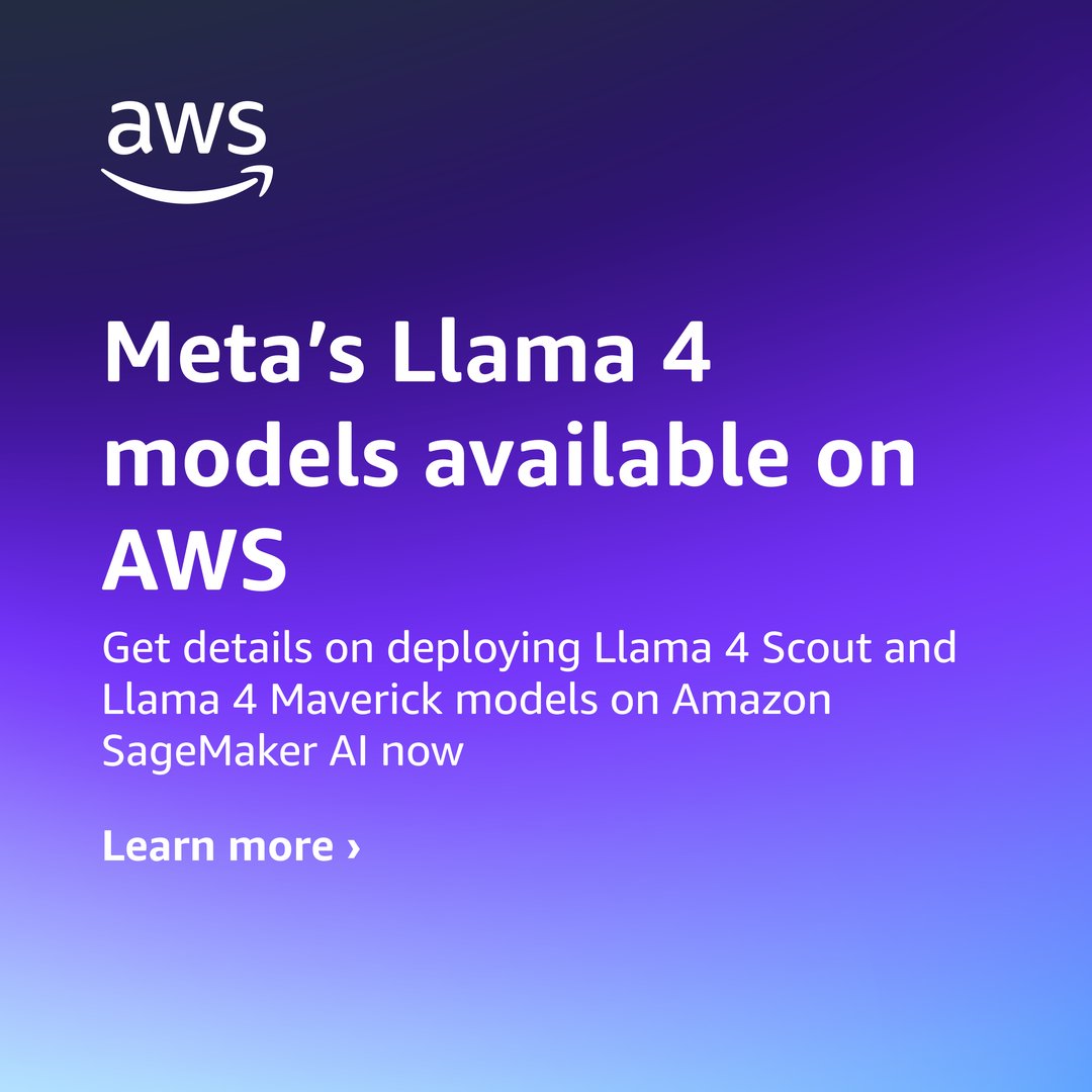 AWSAI's tweet image. Now available in #AmazonSageMakerAI: Meta&apos;s new Llama 4 models 🔥🎯 🖼️

Llama 4 Scout 17B &amp;amp; Llama 4 Maverick 17B feature breakthrough performance across text &amp;amp; vision tasks while maintaining efficient compute requirements. #AWS #MachineLearning 

👉 go.aws/3RHaftc