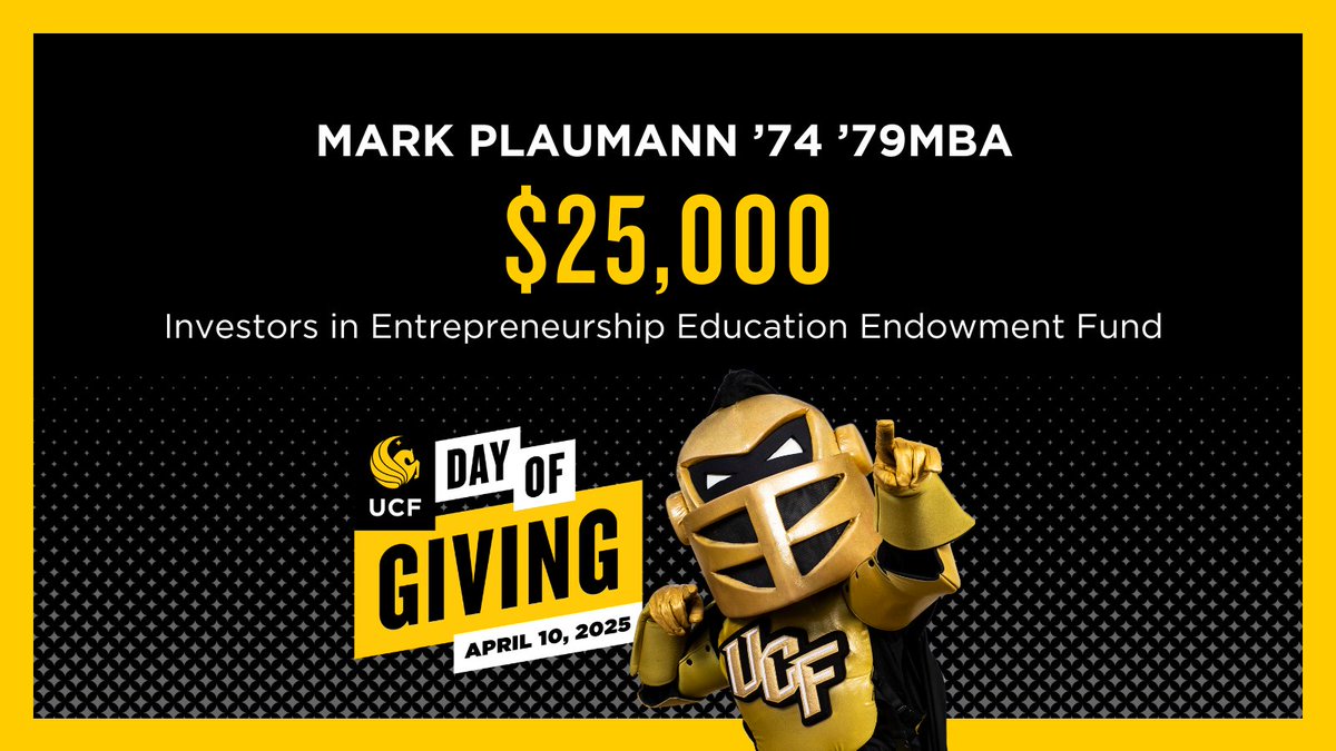 Announcing our next big gift of the day, thank you to Mark Plaumann '74 '79MBA for your generous gift to the College of Business and your support of our #BusinessKnights! #UCFDayOfGiving
