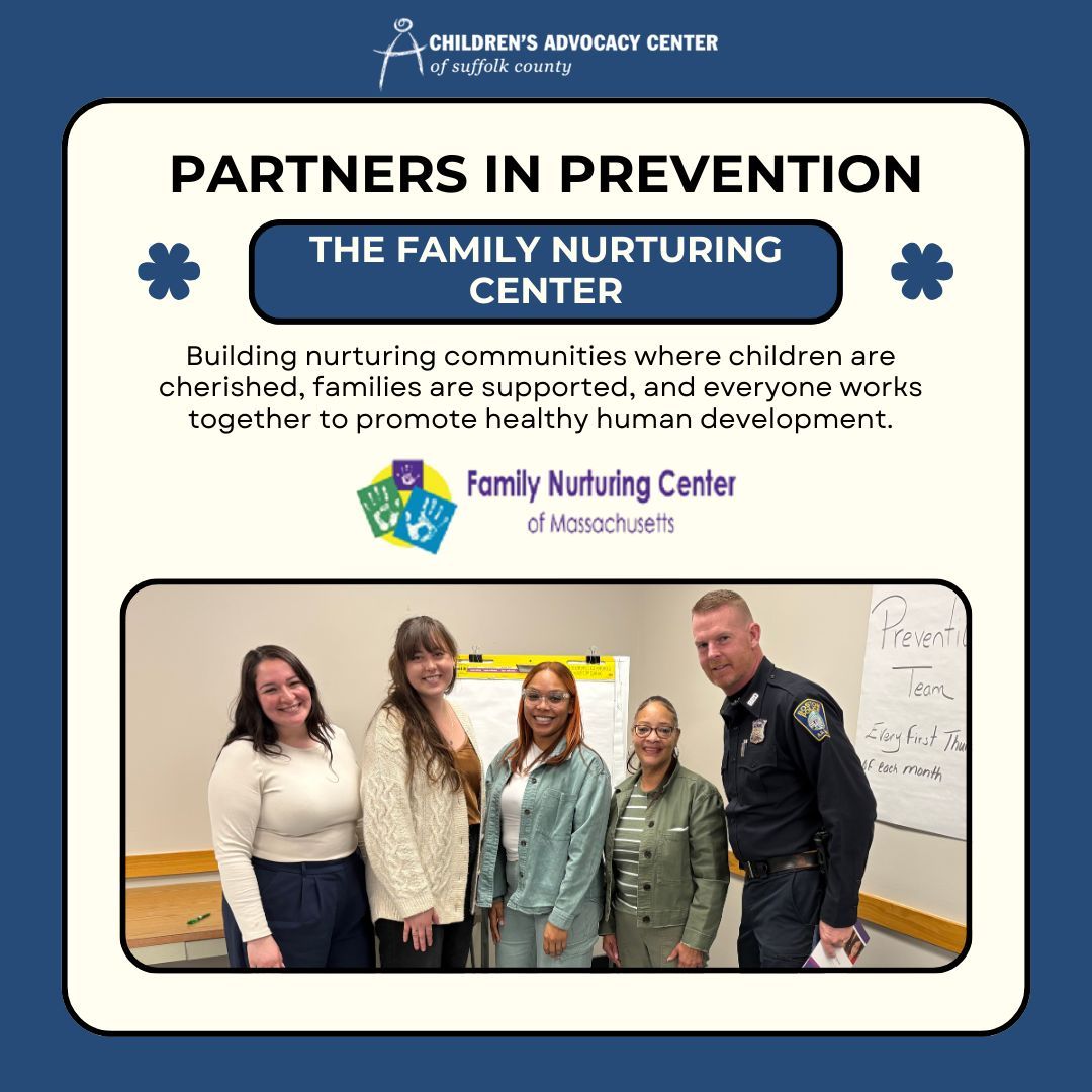 Children's Advocacy Center of Suffolk County (@suffolkcac) on Twitter photo This week, our #PartnersInPrevention are the Family Nurturing Center and <a href="/bostonpolice/">Boston Police Dept.</a> C-11 Community Service Office! We're thrilled to be a team in prevention & advocacy for safe and healthy families, with the shared goal of all children living free from abuse.
#CAPMonth #CAAM This week, our #PartnersInPrevention are the Family Nurturing Center and <a href="/bostonpolice/">Boston Police Dept.</a> C-11 Community Service Office! We're thrilled to be a team in prevention & advocacy for safe and healthy families, with the shared goal of all children living free from abuse.
#CAPMonth #CAAM