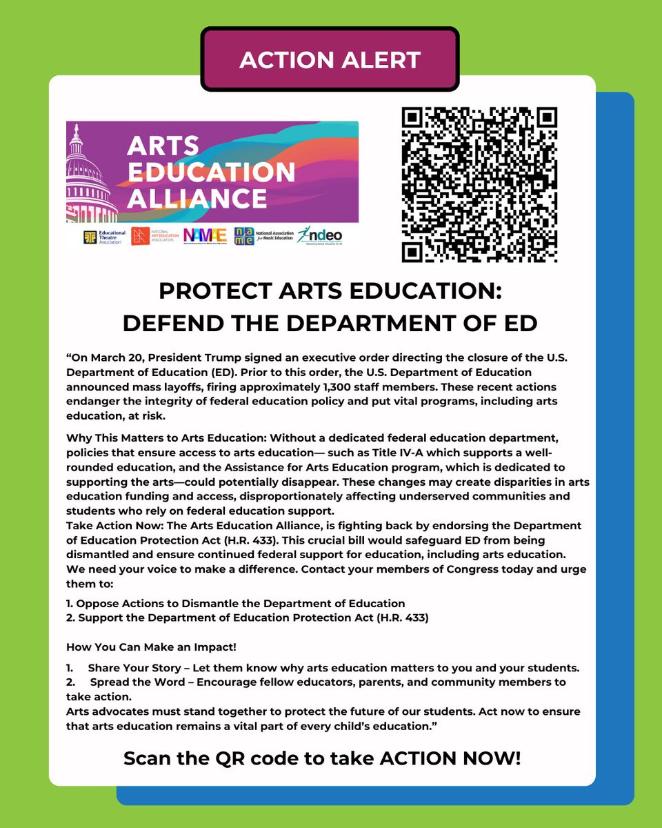 Take Action Now:  shorturl.at/pNdX5
PROTECT ARTS EDUCATION: Defend the Dept. of Ed.
Trump's executive order to close the U.S. Dept of Ed. threatens vital arts education programs nationwide.
Support the Dept. of Ed. Protection Act (H.R. 433)
 #ArtsEdNJ
