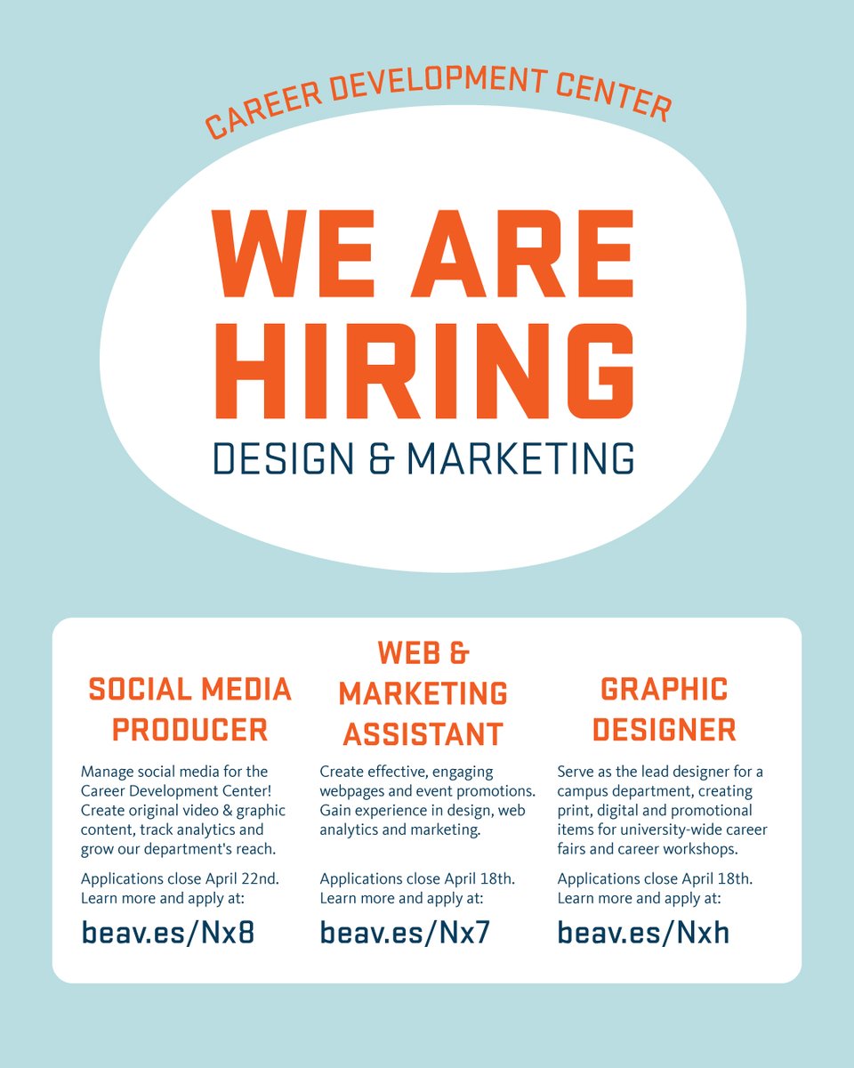 We’re looking for three new members to join our team! Support the career center by creating promotional materials, webpages, posters, and social media posts! You’ll work in a small team and gain valuable skills in design &amp; marketing. 
#career #hiring #oregonstate #gobeavs