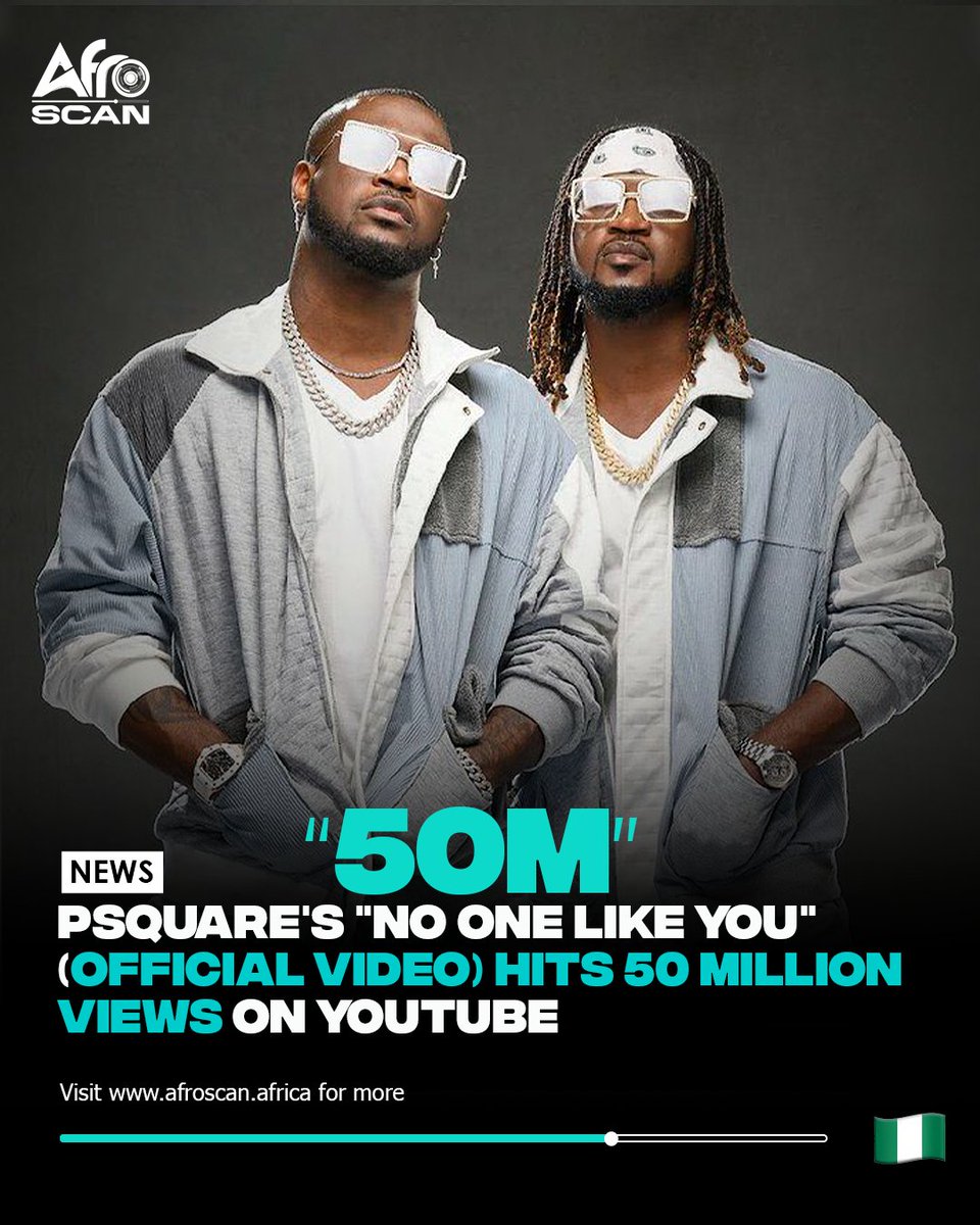 blackmusicscan's tweet photo. 13 years later, the official video of the incredible love song "No one like you" crosses 50 million views on YouTube. 

The legendary duo @rudeboypsquare and @PeterPsquare certainly served us with a timeless piece!!!

#afroscan: Feel the sound in numbers. https://t.co/KyMmkn9KLy