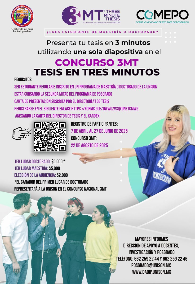 ¿Serías capaz de explicar tu tesis en tres minutos? Si eres estudiante de doctorado y maestría de <a href="/Soyunison/">Soy Unison</a> te invitamos a participar en el Concurso 3MT. Mayores informes:
dadip.unison.mx/concurso-insti…
¡Regístrate ya! ¡Habrá atractivos premios para las y los ganadores!