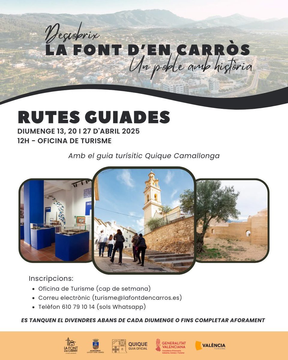 IAMLACAVA's tweet photo. 🏛️ Descobreix La Font d’en Carròs! 🏛️
📍 Un poble amb història t’espera! 
📅 Diumenge 13, 20 i 27 d’abril 2025
🕛 12:00 h – Oficina de Turisme
🙌 Els diumenges d’abril de la mà del guia turístic Quique Camallonga. 
Inscripcions: turisme@lafontdencarros.es https://t.co/JBh3YWoUK4