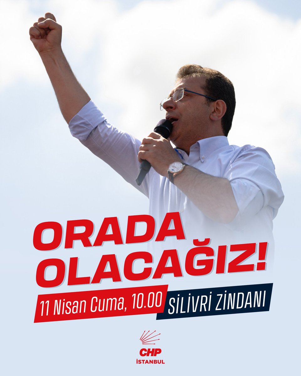 OzgurKarabatCHP's tweet photo. Tüm yurttaşlarımızı sesimize ses katmaya,
Zulmün karşısında durmaya,
Adaleti haykırmaya çağırıyoruz!

“İrade Milletindir!” demek için,
Vatanımızın bağımsızlığı, özgürlüğümüz, onurumuz için, 
Örgütümüzle, halkımızla, yüreklerimizle Silivri zindanında olacağız!

Cumhurbaşkanı adayımız Ekrem İmamoğlu için,
Halkın iradesiyle seçilmiş belediye başkanlarımız için,
Geleceğe sahip çıkan gençlerimiz için,
Ve demokrasiye inanan herkes için oradayız!

🗓 11 Nisan Cuma
🕙 10.00
📍 Silivri Zindanı