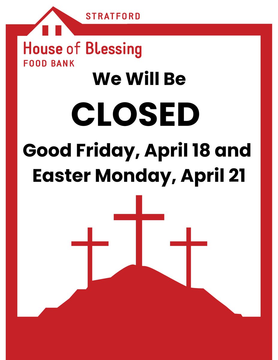 Just a quick heads-up that Stratford House of Blessing will be closed on Good Friday (April 18) and Easter Monday (April 21).

We hope you will enjoy some rest, time with loved ones, and a chance to reflect and celebrate this Easter season.