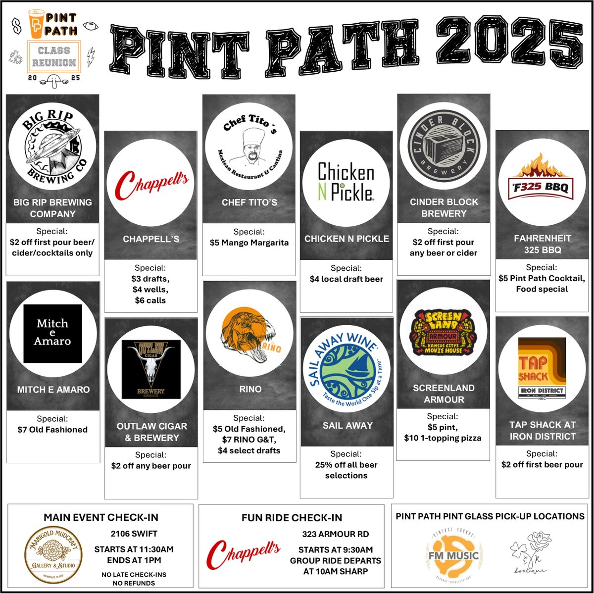 6 participating locations in each of 2 paths (path formations not pictured here) plus 2 pint glass pick-up locations. 6x2+2=14, and we have Marigold Mudcraft Gallery &amp; Studio for main event Check-In. THIS SATURDAY!  Get your tickets: pintpathnkc.eventbrite.com