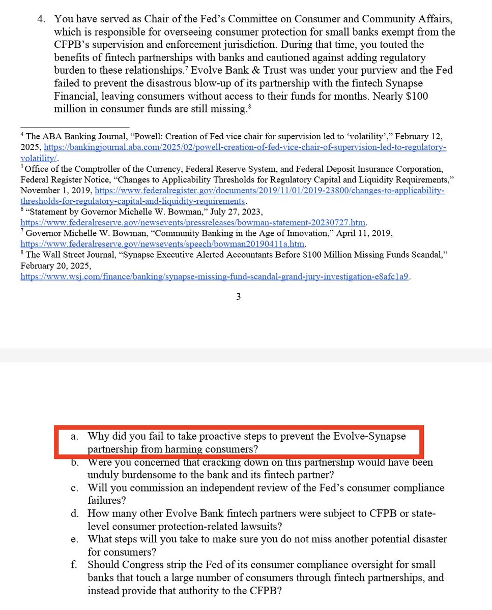 Fed Gov Michelle Bowman had a confirmation hearing today at Senate Banking Cmte. <a href="/SenWarren/">Elizabeth Warren</a> shared written questions in advance -- including why Bowman, in her role at the Fed, failed "to take proactive steps to prevent the Evolve-Synapse partnership from harming consumers."