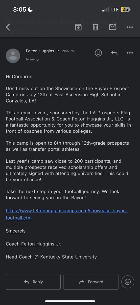 Blessed to receive a prospect camp invite from Kentucky state university !! <a href="/F_Huggins80/">Felton Huggins Jr.</a>