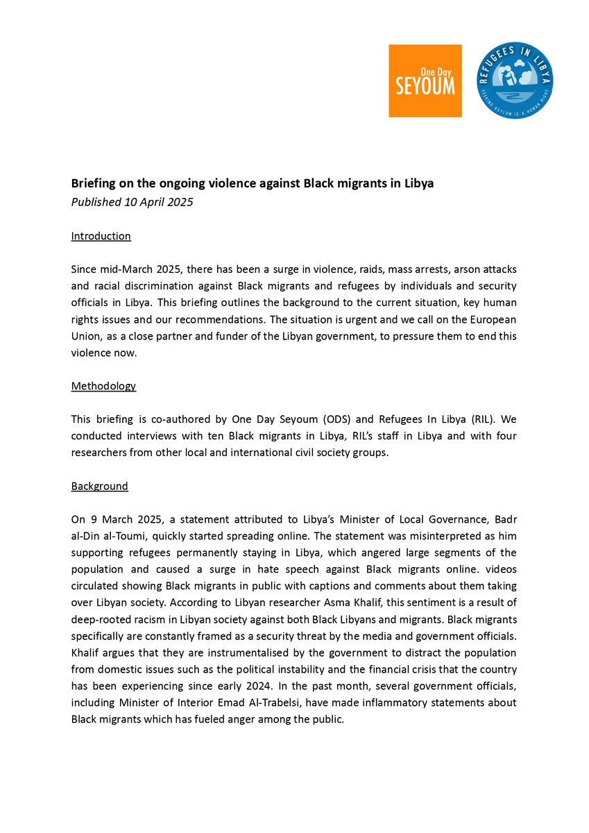 Vanessa Tsehaye (@vanessatsehaye) on Twitter photo Black migrants are currently experiencing violence and mass raids in Libya. <a href="/onedayseyoum/">One Day Seyoum</a> and <a href="/RefugeesinLibya/">Refugees In Libya</a> have written a briefing outlining the facts. The situation is urgent and the EU (<a href="/nicolaorlando/">Nicola Orlando</a>) as funders of the Libyan gov must act now.
#ProtectRefugeesInLibya Black migrants are currently experiencing violence and mass raids in Libya. <a href="/onedayseyoum/">One Day Seyoum</a> and <a href="/RefugeesinLibya/">Refugees In Libya</a> have written a briefing outlining the facts. The situation is urgent and the EU (<a href="/nicolaorlando/">Nicola Orlando</a>) as funders of the Libyan gov must act now.
#ProtectRefugeesInLibya