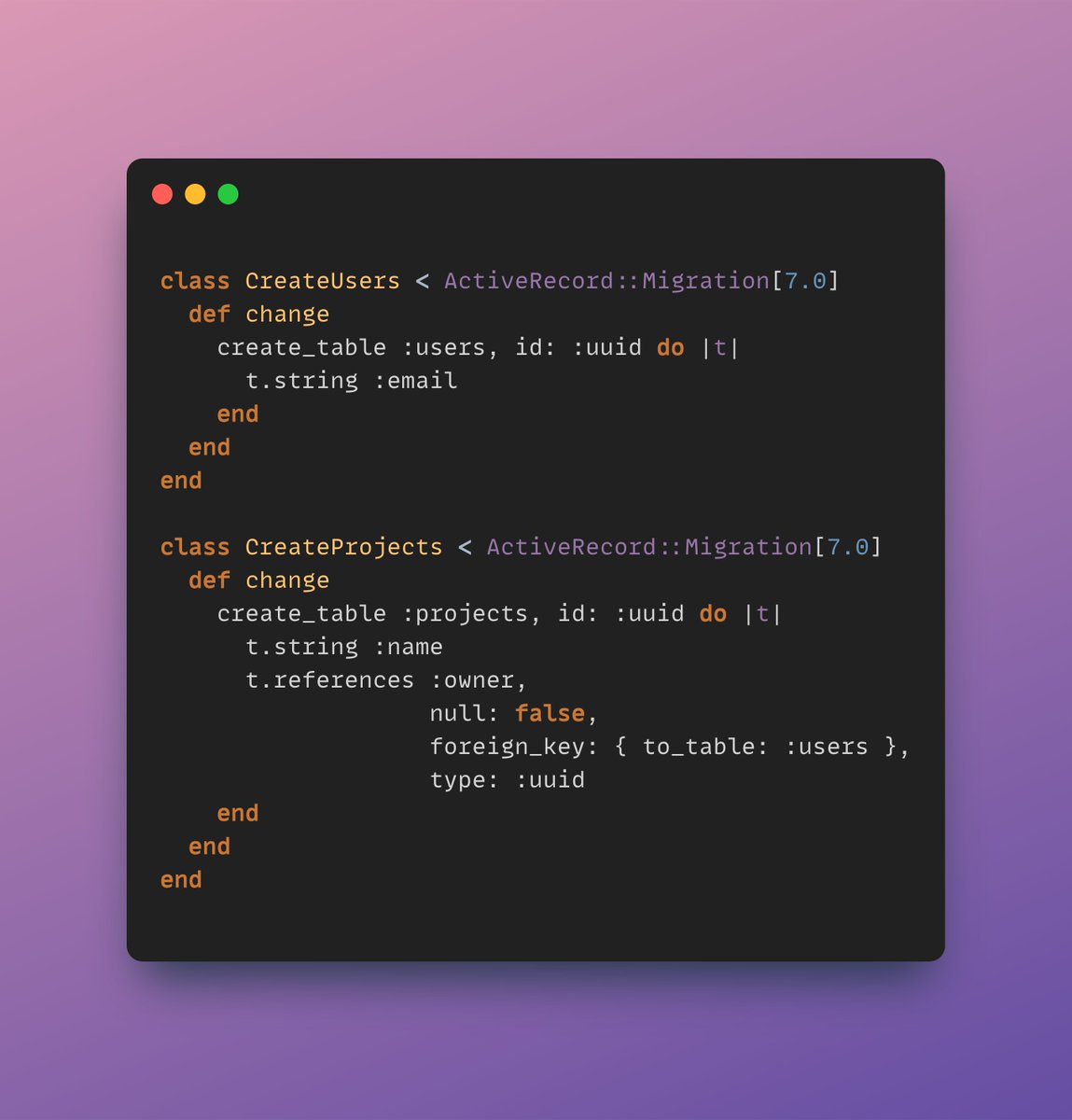 🔗 Tell #activerecord your foreign key is a UUID

Using UUIDs in #rails? Don’t forget to set type to uuid in your foreign keys.

Rails defaults to bigint, which causes migration issues if your primary key is a UUID.

Explicitly declare the type to keep things running smoothly.