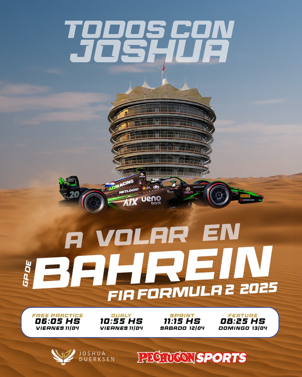 PechugonPy's tweet photo. 🚀 ¡A volar otra vez, piloto mbareté!
Después de un arranque histórico en Australia, @JoshuaDuerksen1 ya está listo para el próximo gran desafío en la F2: el GP de Bahréin. 🌍🏁
Con garra, velocidad y corazón paraguayo, va por más. ¡Vamos con todo, Paraguay! 🇵🇾🔥

📅 Horarios del GP de Bahréin (hora de Paraguay):
🔹 Free Practice – Viernes 11/04 | ⏰ 06:05 HS
🔹 Qualy – Viernes 11/04 | ⏰ 10:55 HS
🔹 Sprint – Sábado 12/04 | ⏰ 11:15 HS
🔹 Feature Race – Domingo 13/04 | ⏰ 08:25 HS

#VamosJoshua #PilotoMbarete #GPdeBahréin #F2 #PechugónSports