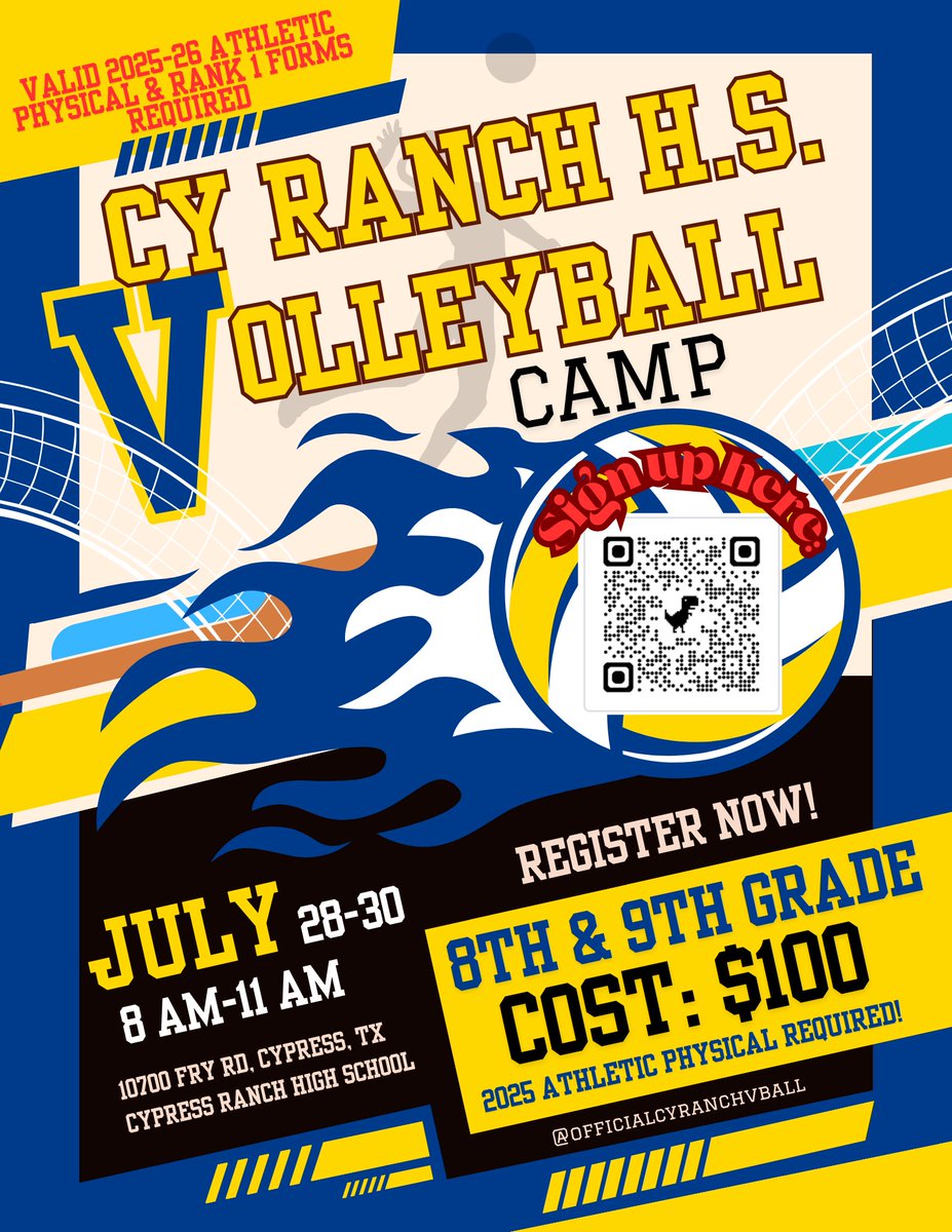 CyRanchVball's tweet image. Join us for the Cypress Ranch incoming 8th & 9th grade camp. Note: All participants must be zoned to Cypress Ranch High School and have updated Rank 1 forms & physicals on file with their athletic trainers to participate.