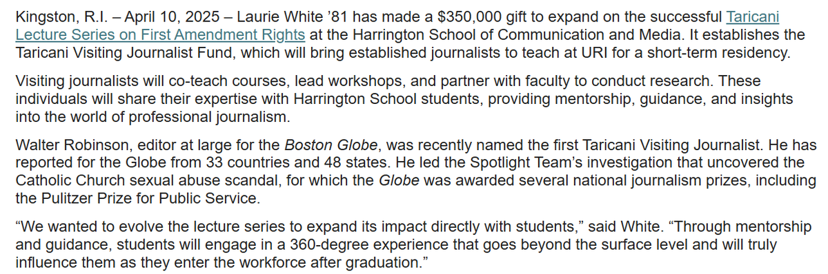 FitzProv's tweet photo. . @universityofri announces Laurie White making $350K gift to expand Taricani Lecture Series on First Amendment Rights. The Taricani Visiting Journalist Fund brings journalists to teach at URI for a short-term residency, beginning with @BostonGlobe editor at large Walter Robinson https://t.co/8Uindka4MM