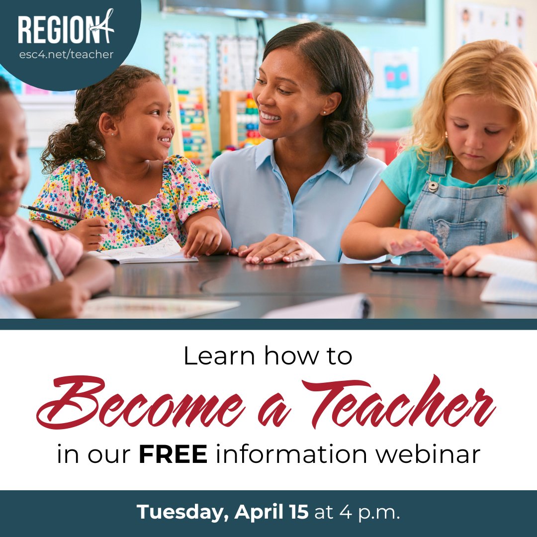 Thinking about teaching?

Whether you're graduating soon or making a career change, Inspire Texas gives you the tools, training &amp; support to launch your journey into the classroom.

✅ Free Info Webinar
📆 Tuesday, April 15 | 4 PM

Sign up today at esc4.net/infomeetings