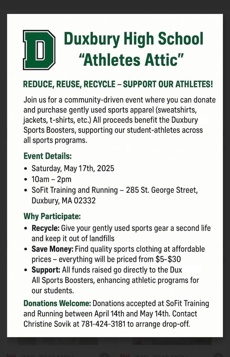 Duxbury HS Football (@duxhsfootball) on Twitter photo Spring cleaning??
Please donate your gently used sports apparel to benefit the Duxbury Sports Boosters! The Boosters provide support to all DHS athletic programs.
Mark your calendars for 5/17 as there will be lots of apparel at great prices! Thanks to <a href="/SoFitTrain/">SoFit Training</a>!
🐉🏈 #SHL Spring cleaning??
Please donate your gently used sports apparel to benefit the Duxbury Sports Boosters! The Boosters provide support to all DHS athletic programs.
Mark your calendars for 5/17 as there will be lots of apparel at great prices! Thanks to <a href="/SoFitTrain/">SoFit Training</a>!
🐉🏈 #SHL