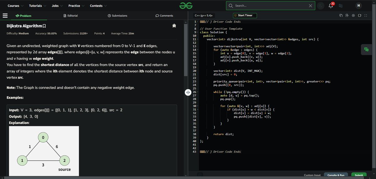 hardikagarwal01's tweet photo. Day 148 of GFG 160:Problem Solved : "Dijkstra Algorithm" Huge thanks to @geeksforgeeks for the fantastic challenge!  #gfg160 and #geekstreak2024 #GeeksForGeeks
@geeksforgeeks https://t.co/i1oQkMbHR4