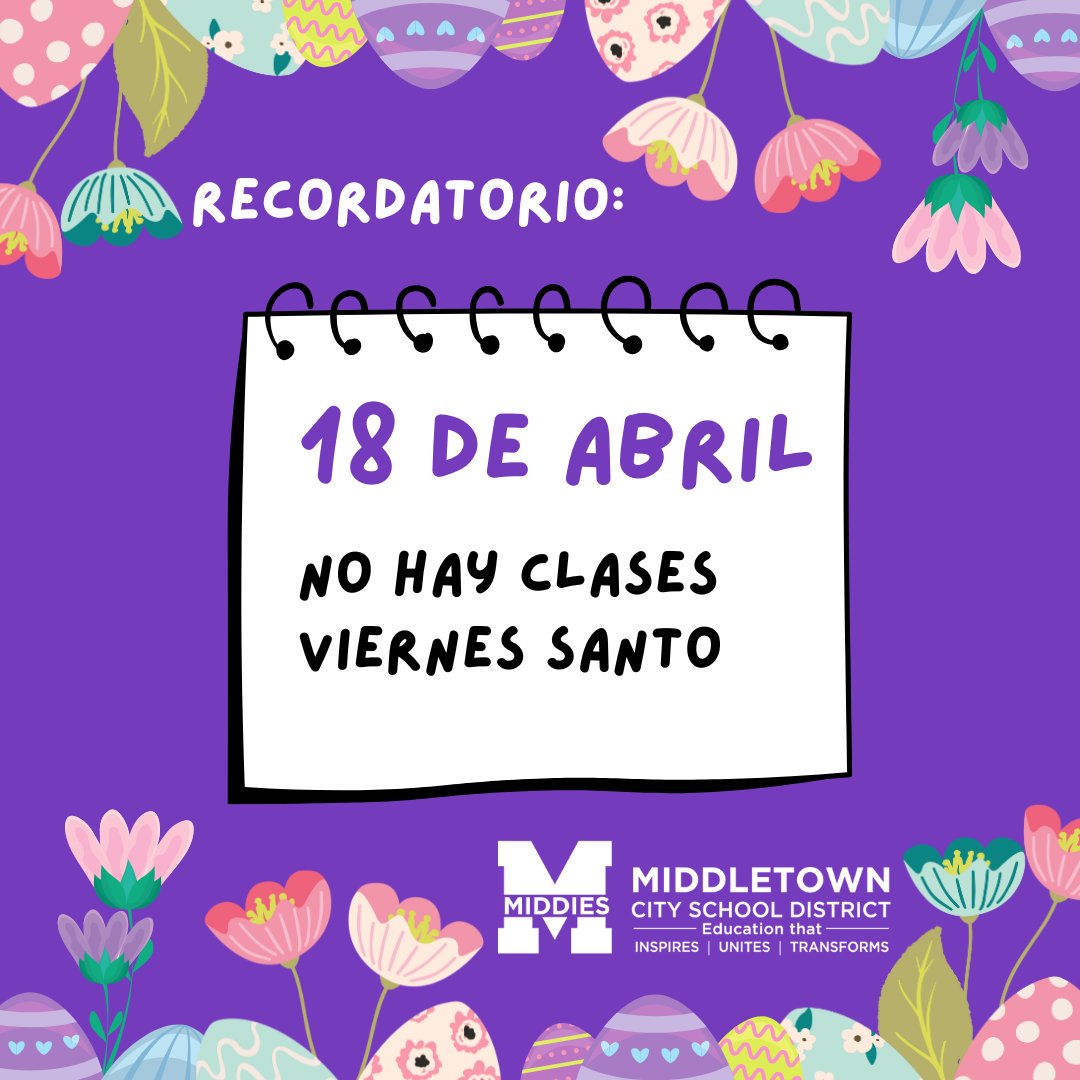 📣 REMINDER:
🗓 There is no school on Friday, April 18 for Good Friday.
💜 Enjoy the long weekend!
#MiddieRising