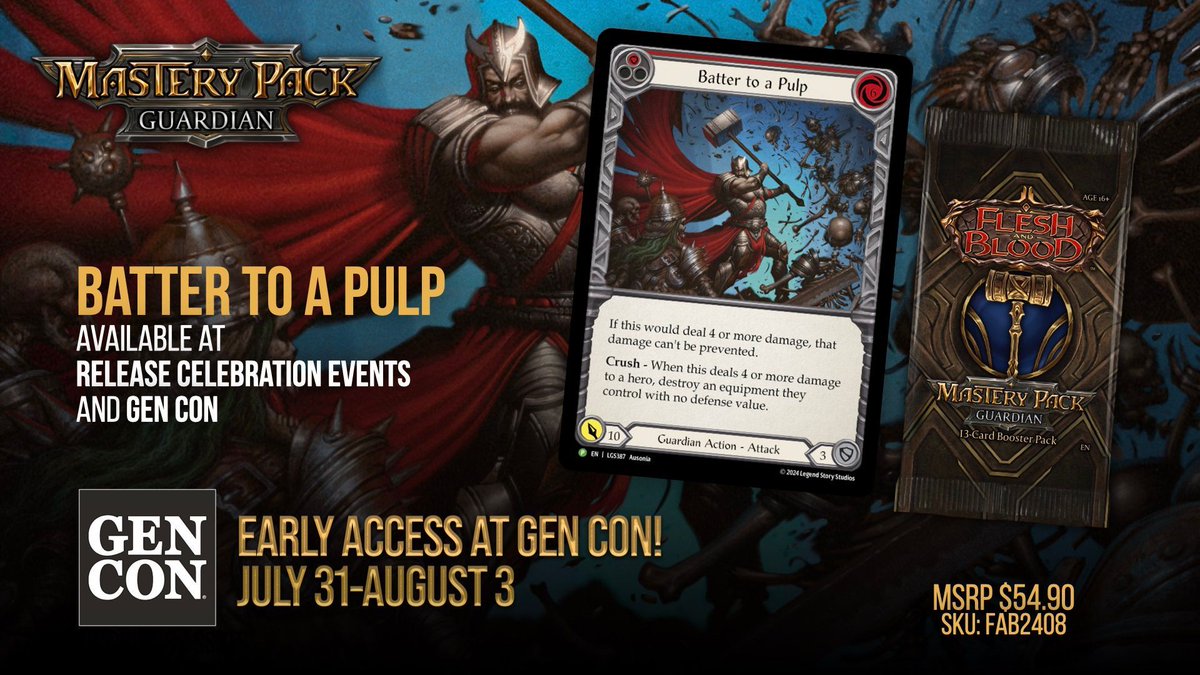 fabtcg's tweet photo. Whether you’ve just started your Guardian journey, or you’ve been dominating the arena since Welcome to Rathe… master your class with Mastery Pack Guardian!

Designed for Crack, Shuffle, Play™ - the fastest, easiest way to play Flesh and Blood! 

Heave with all your might and crush the opposition! Introducing over 70 new cards for Guardian heroes, including new hero Valda, Seismic Impact! 💪

Mastery Pack Guardian slams into stores on August 8, 2025!