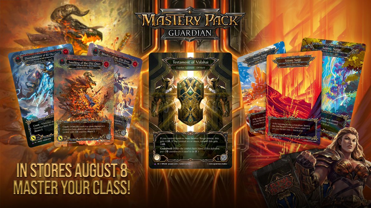 fabtcg's tweet photo. Whether you’ve just started your Guardian journey, or you’ve been dominating the arena since Welcome to Rathe… master your class with Mastery Pack Guardian!

Designed for Crack, Shuffle, Play™ - the fastest, easiest way to play Flesh and Blood! 

Heave with all your might and crush the opposition! Introducing over 70 new cards for Guardian heroes, including new hero Valda, Seismic Impact! 💪

Mastery Pack Guardian slams into stores on August 8, 2025!