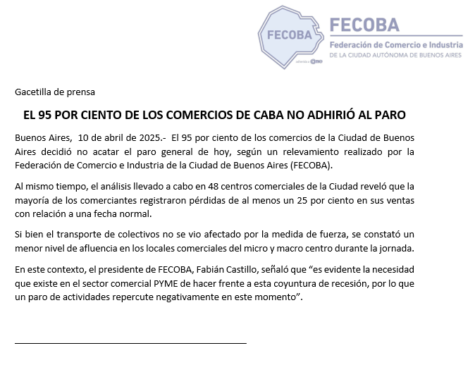 Comunicado FECOBA | EL 95 POR CIENTO DE LOS COMERCIOS DE CABA NO ADHIRIÓ AL PARO