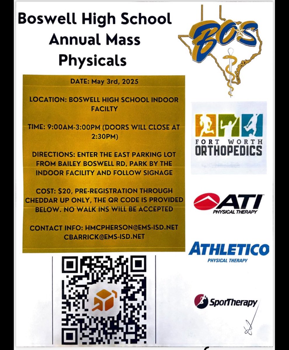 Boswell HS mass physical event is coming up in about 3 weeks! Please remember to sign your athlete up! We still have a lot of spots left to be filled! This is a quick and easy way to get your mandatory sports physical for the 25-26 year! Scan the QR code to register! (1/2)