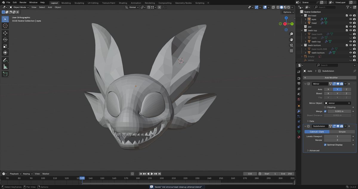 i'm sick, so might as well spend some time cleaning up the strorca base. and i'm so glad i did; now it's got better topology, the big teeth, AND a cute smile 🥰 

#furry #fursuitmaking #fursuitmaker #fursuitwip #blender #maelstrorca #strorca #aquaticfurs