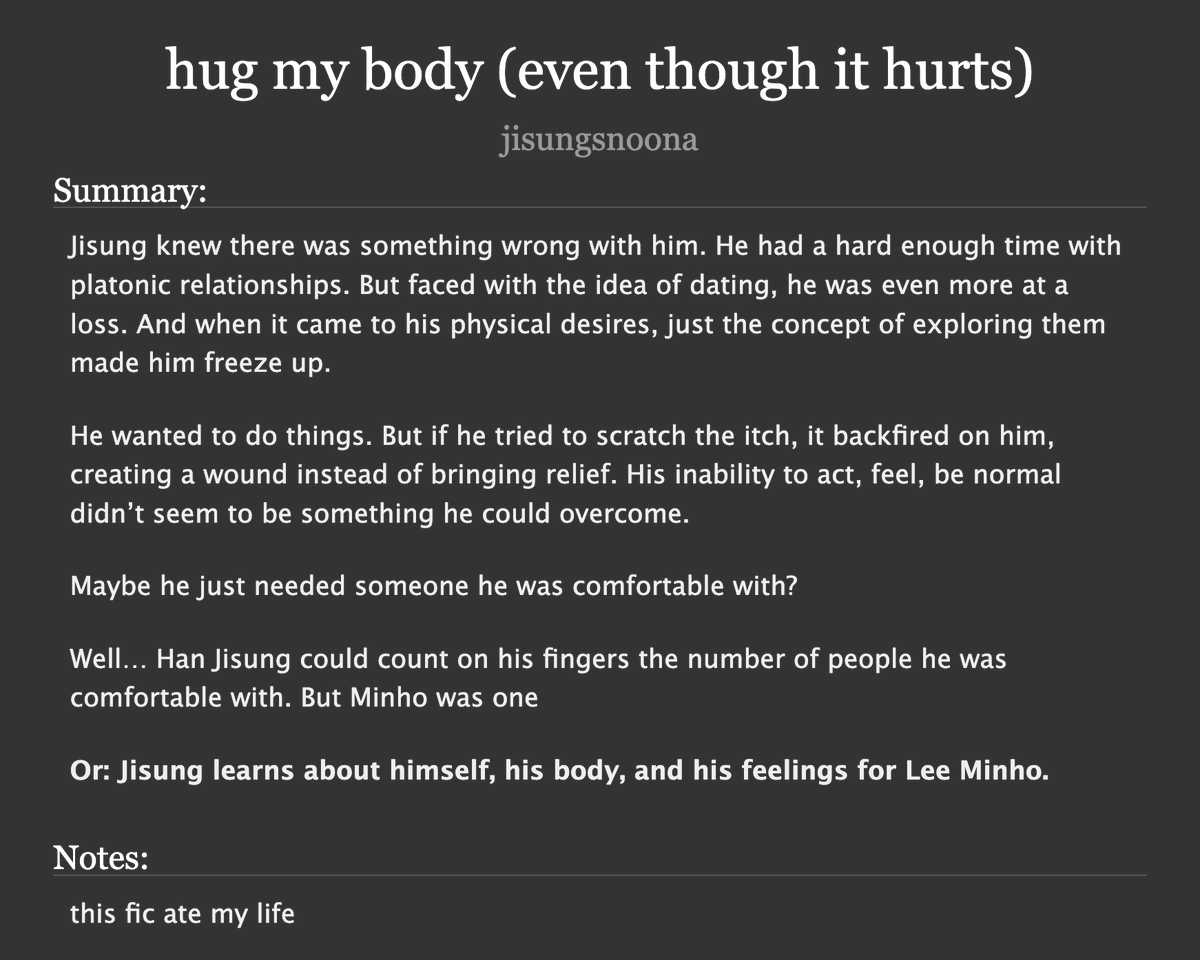 j1sungsnoona's tweet photo. hug my body (even though it hurts)
-mnsvng  
-rated e, au, complete, 27k  
-virgin jsvng, mnho helps him learn to be comfortable with his body <3
https://t.co/TZL2lFMAVV https://t.co/BlEcWgbqh3