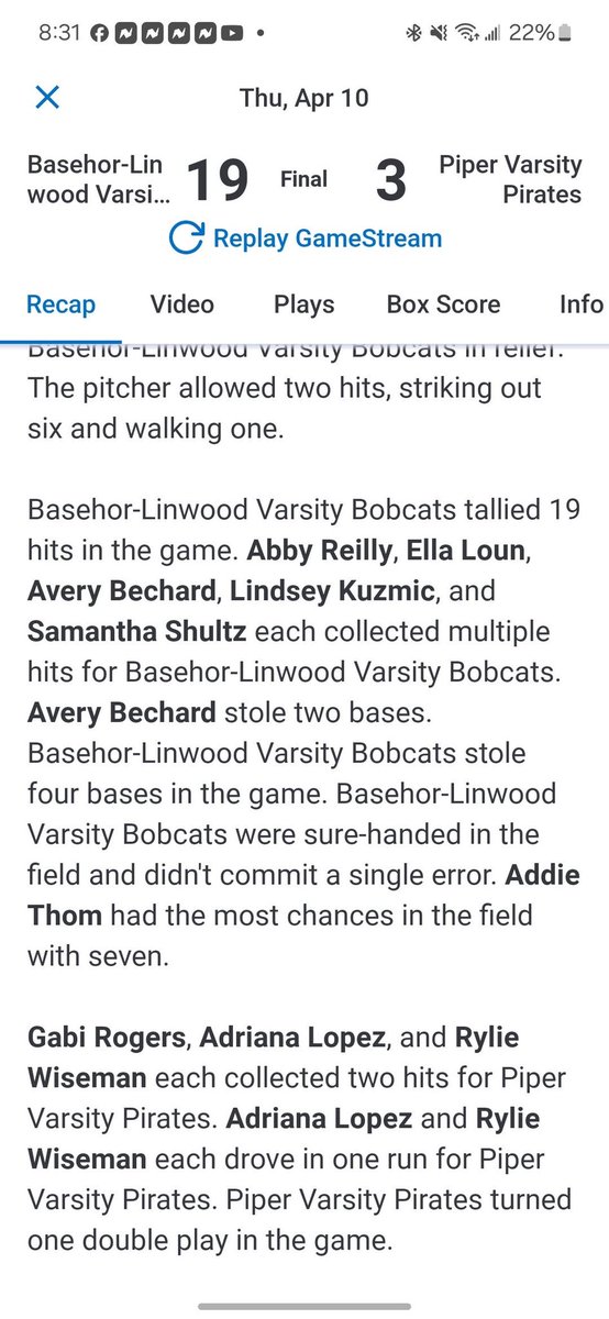 Played Piper today, won both games! Pitched the first game and had 8 strike outs!! 
Let’s go Bobcats!!!!
💚💛
<a href="/suemagoo8/">Susan Mayberry</a> 
<a href="/greg_adelson/">greg adelson</a> 
@SelectFp2010 
<a href="/ejonesrockchalk/">Eric Jones - Select Fastpitch</a>