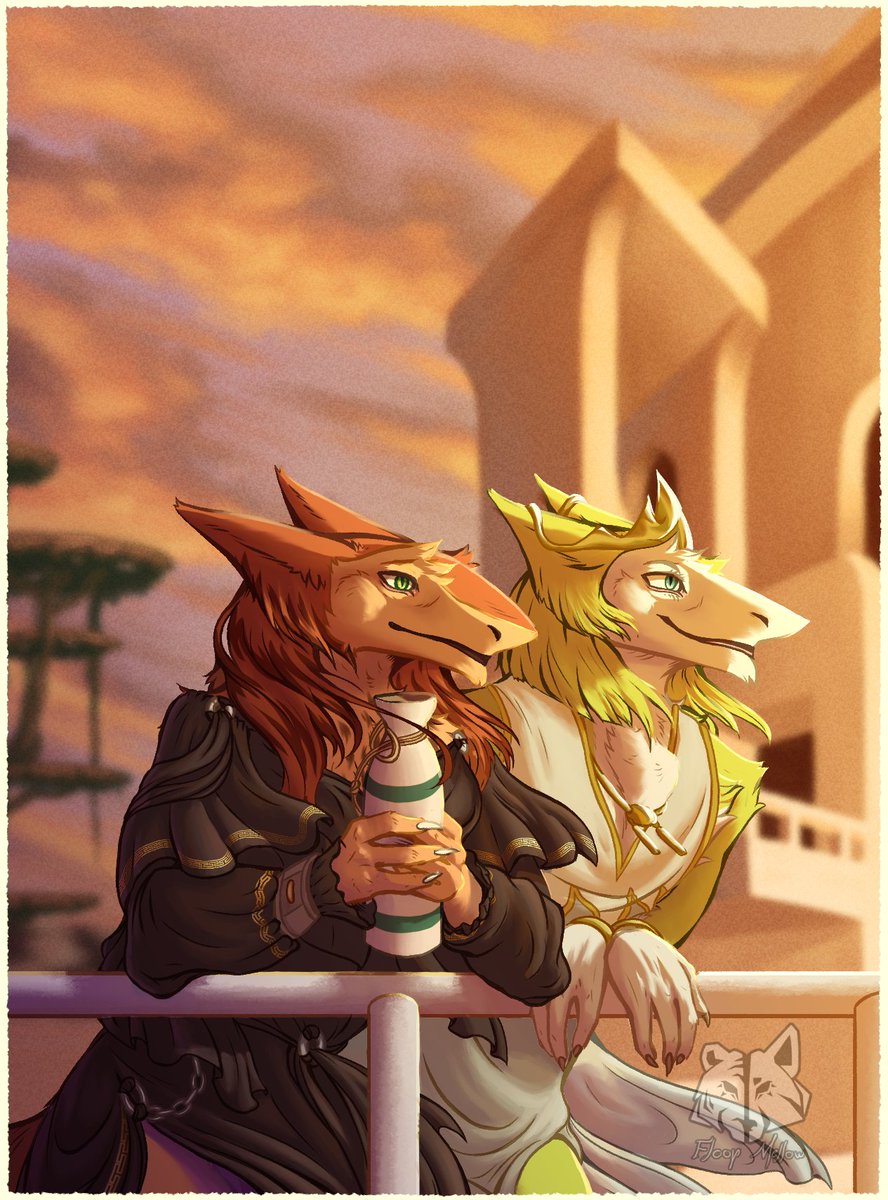 While drinking and relaxing, Suindara and Zurui, observe the entire city of Gold Ring in its beautiful late afternoon from a high balcony.

Art by <a href="/FloopAmancio/">Floop Mellow 🐺🐯</a> and Zurui belongs to <a href="/JakkaiReborn/">Jakkai-Reborn</a> 
#vilous #sergal