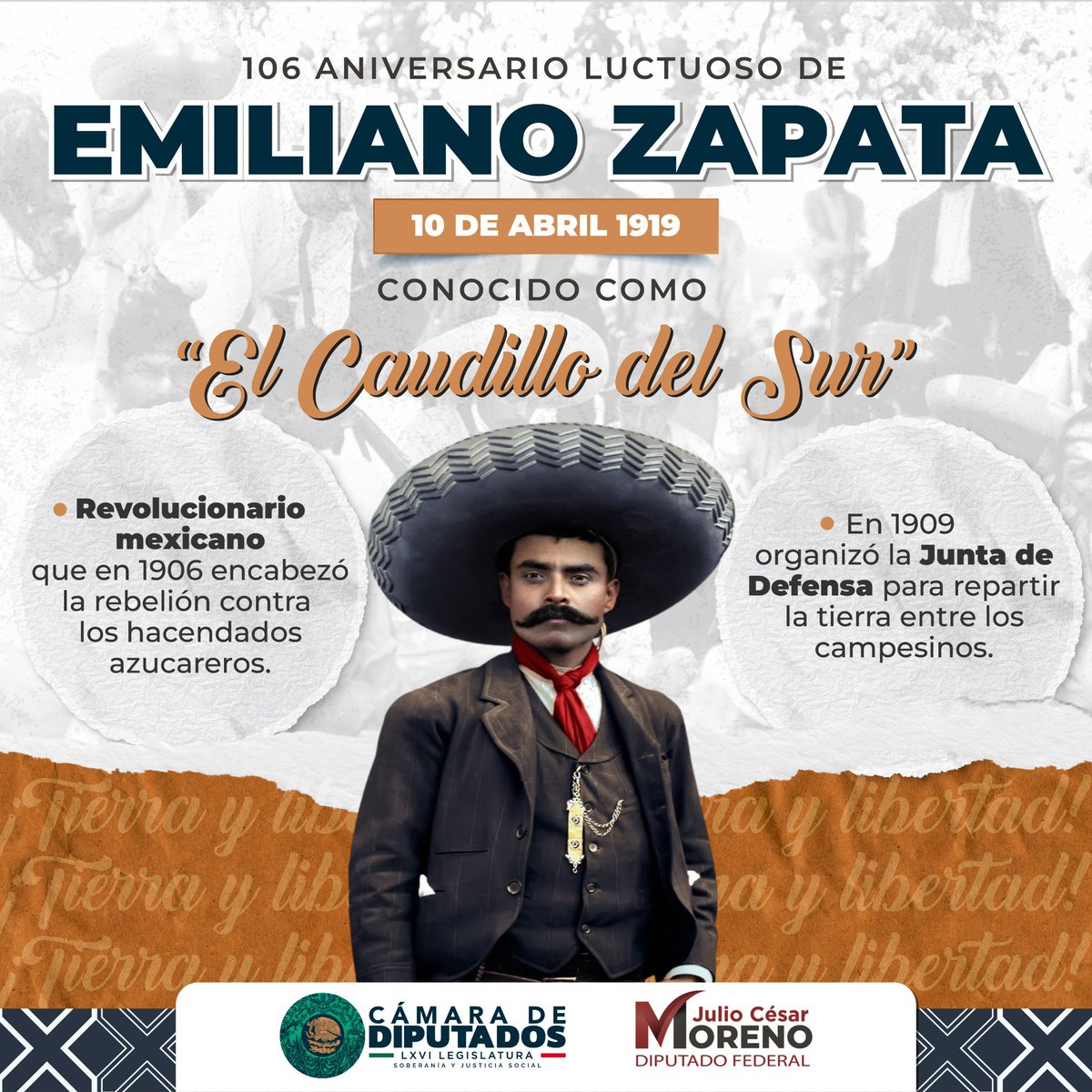 julioc_moreno's tweet photo. Hoy, a 106 años de su caída, recordamos con respeto y admiración al Caudillo del Sur, Emiliano Zapata.

Su lucha por la justicia, la tierra y la libertad sigue siendo inspiración para quienes trabajamos por un México más justo e igualitario.

¡Zapata vive en la lucha del pueblo! https://t.co/MlO5QLBLgh
