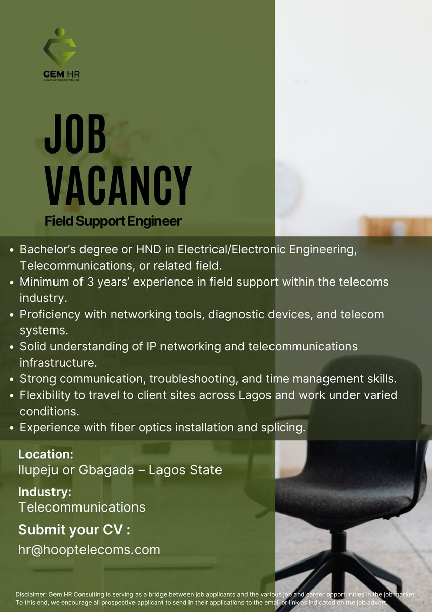 gem_hr's tweet image. 🔥 Urgent Hiring: Field Support Engineer! 🌟 Lead and impact the Telecommunication Industry!  Location: Ilupeju or Gbagada. 💌 APPLY: hr@hooptelecoms.com⏳Act fast—this opportunity won&apos;t last! 👥 Know someone ideal? Tag them!  #fieldsupport #fieldsupport #supportengineer #support