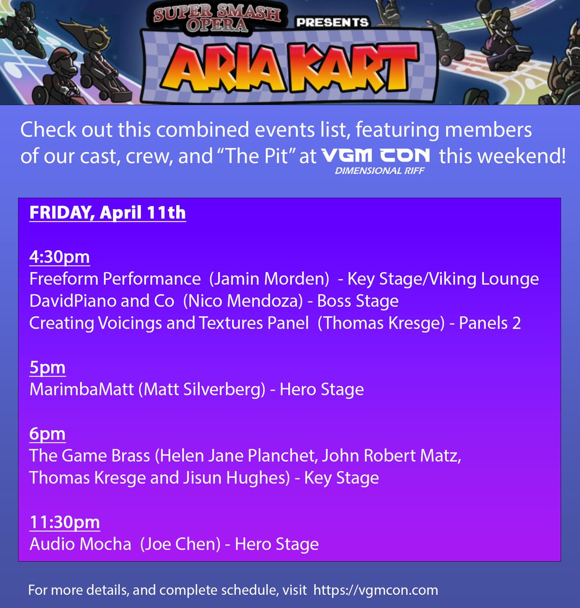 SuperSmashOpera's tweet image. Our show is made up of a combined assortment of talented craftspeople, musicians, and more! Check out this combined events list for all our shared appearances at @VGMCon this weekend:)
And don't forget to catch our show on Sat!
#ariakart #supersmashopera #vgmcon #vgmcon2025