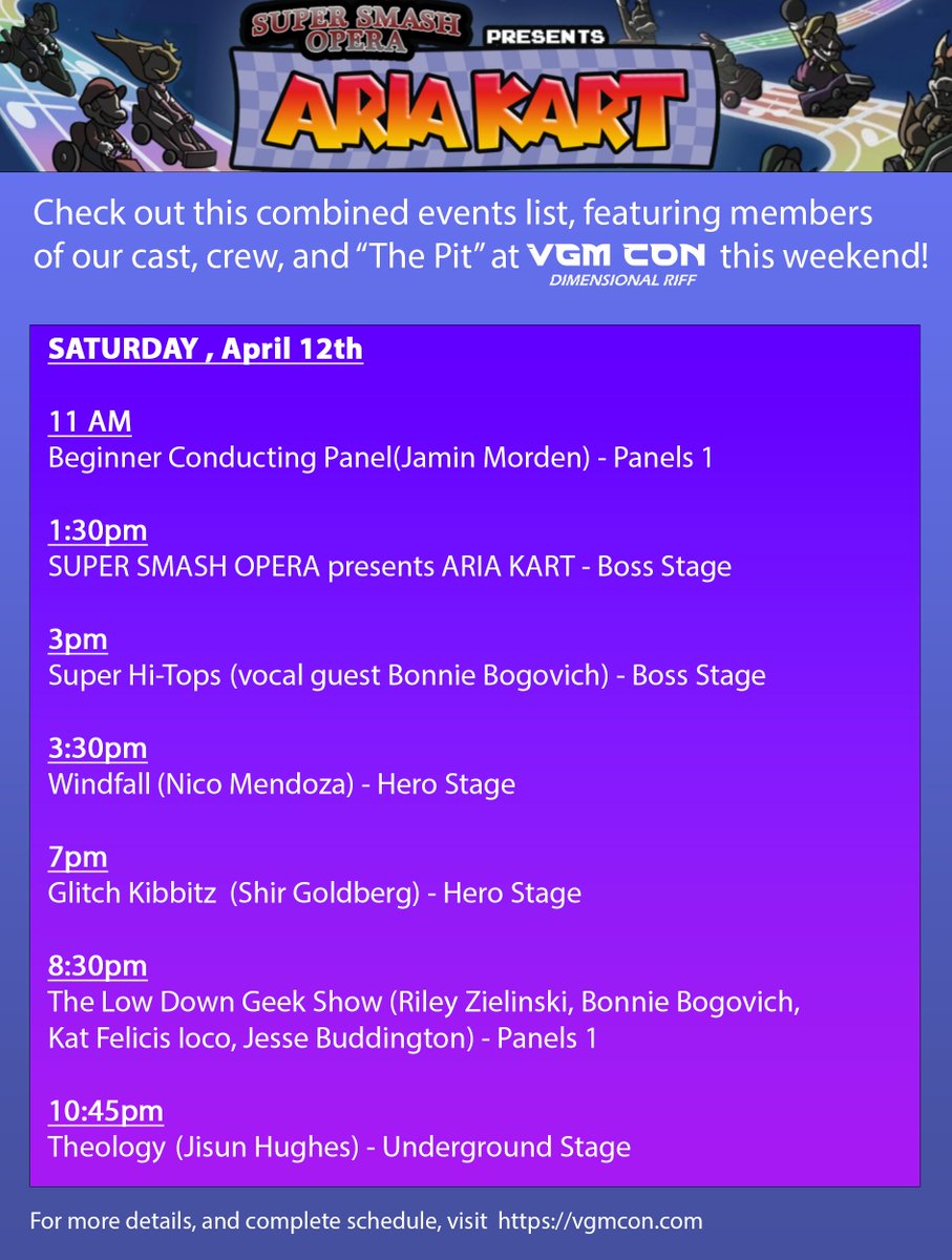 SuperSmashOpera's tweet image. Our show is made up of a combined assortment of talented craftspeople, musicians, and more! Check out this combined events list for all our shared appearances at @VGMCon this weekend:)
And don't forget to catch our show on Sat!
#ariakart #supersmashopera #vgmcon #vgmcon2025