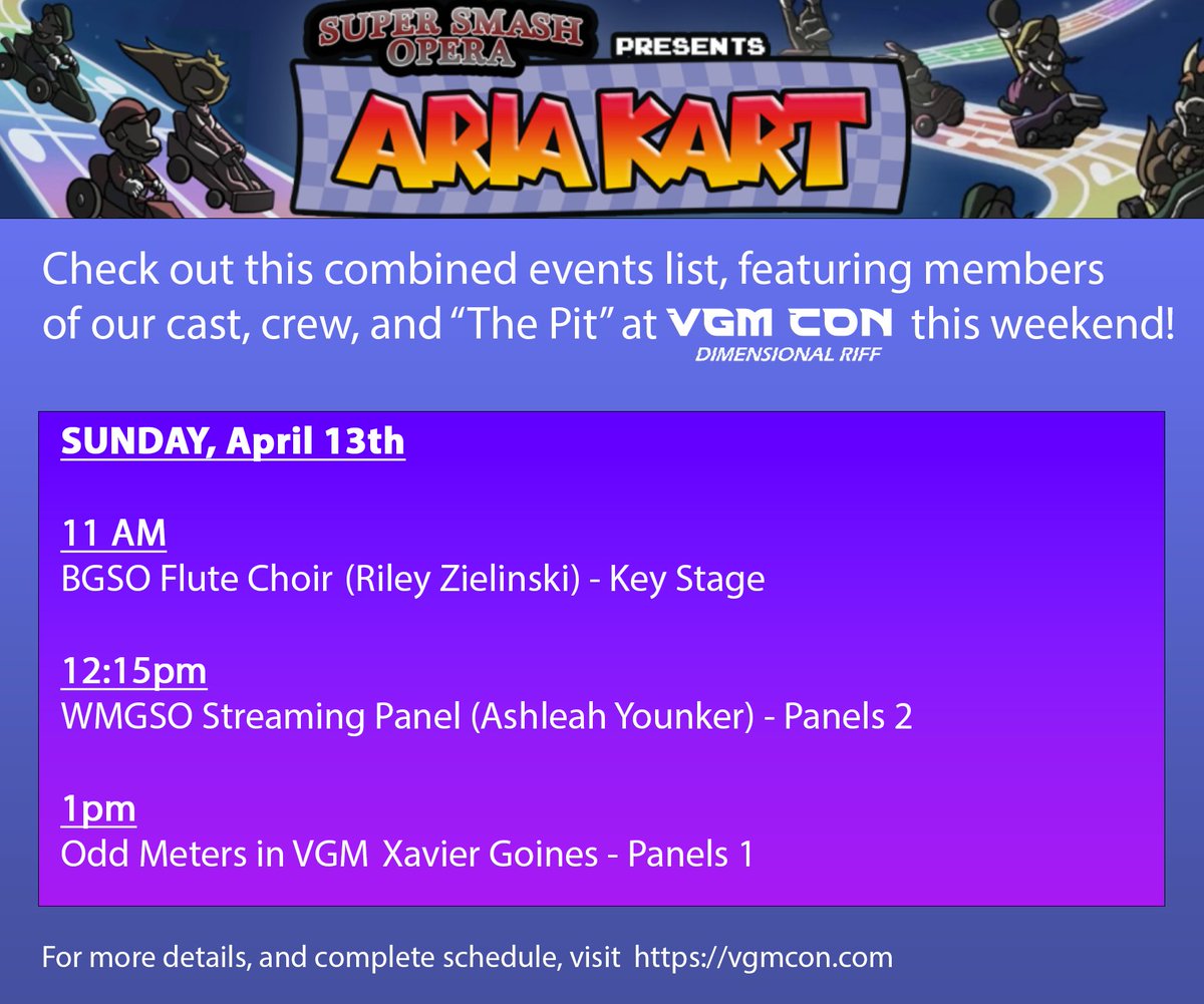 SuperSmashOpera's tweet image. Our show is made up of a combined assortment of talented craftspeople, musicians, and more! Check out this combined events list for all our shared appearances at @VGMCon this weekend:)
And don't forget to catch our show on Sat!
#ariakart #supersmashopera #vgmcon #vgmcon2025