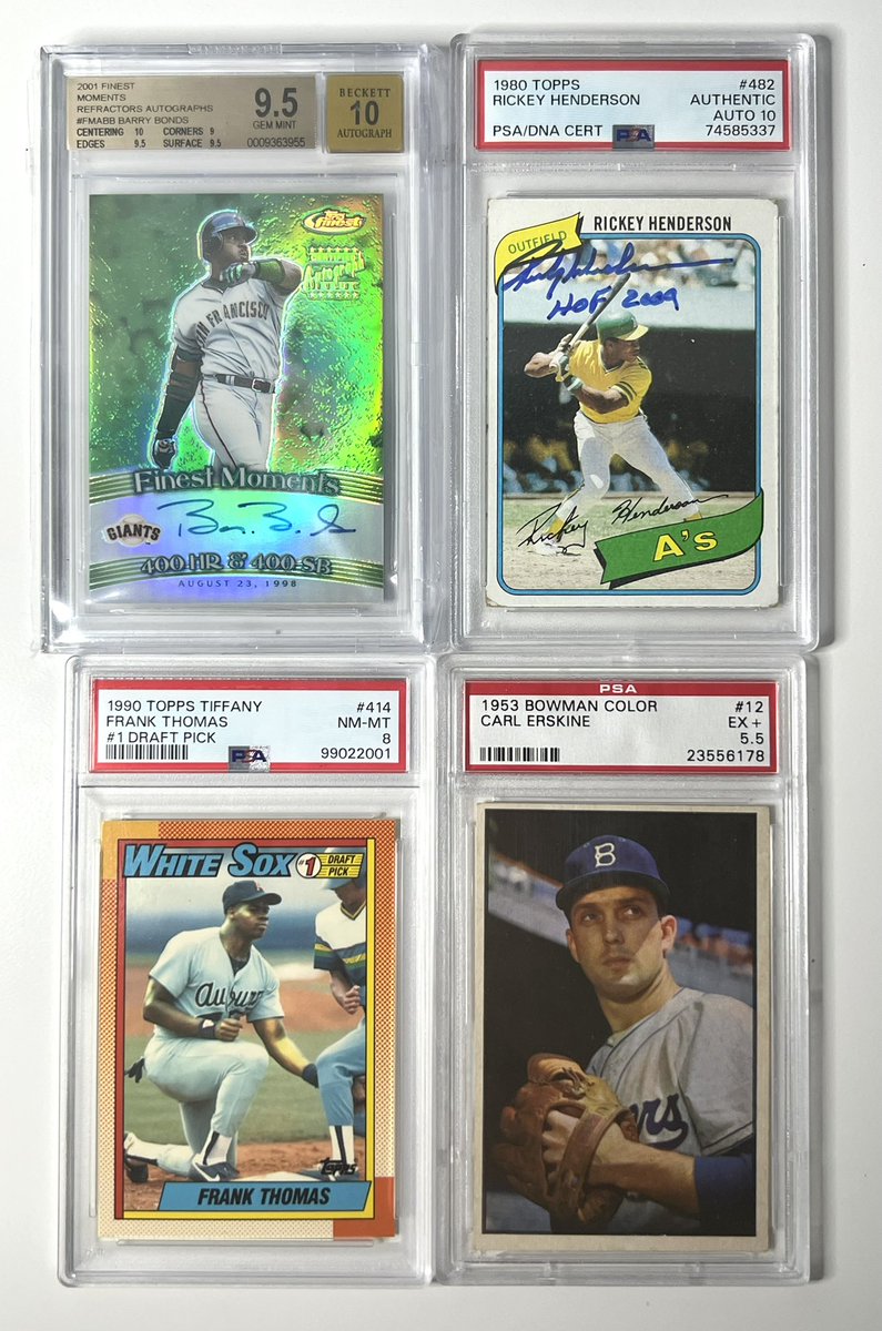 #NOHOLDSALE🐻 
ALL PRICES SHIPPED 🤙🏻

Barry Bonds Finest Refractor Auto BGS 9.5 $1300

Rickey Henderson 1980 Topps Auto Grade PSA 10 Inscribed $575

Frank Thomas 1990 Tiffany Rookie PSA 8 $175

Carl Eskrine 1953 Color PSA 5.5 $90

Reposts and Tags Appreciated 🤝