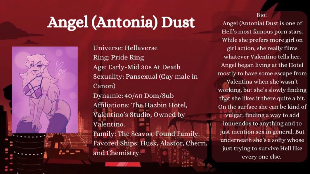 "Poison, I’m Drowning In Poison…”

~ Angel Dust (Fem!Angel)
~ Other Muses In Pinned
~ Hellaverse RP Account  
~18+ Mun and Muse (MDNI)  
~N/SFW   
~Non/Lewd (Mostly Lewd)  
~Multi-Ship  
~Pansexual  
~20/80 Dom/Sub
~Please Check Full Pinned