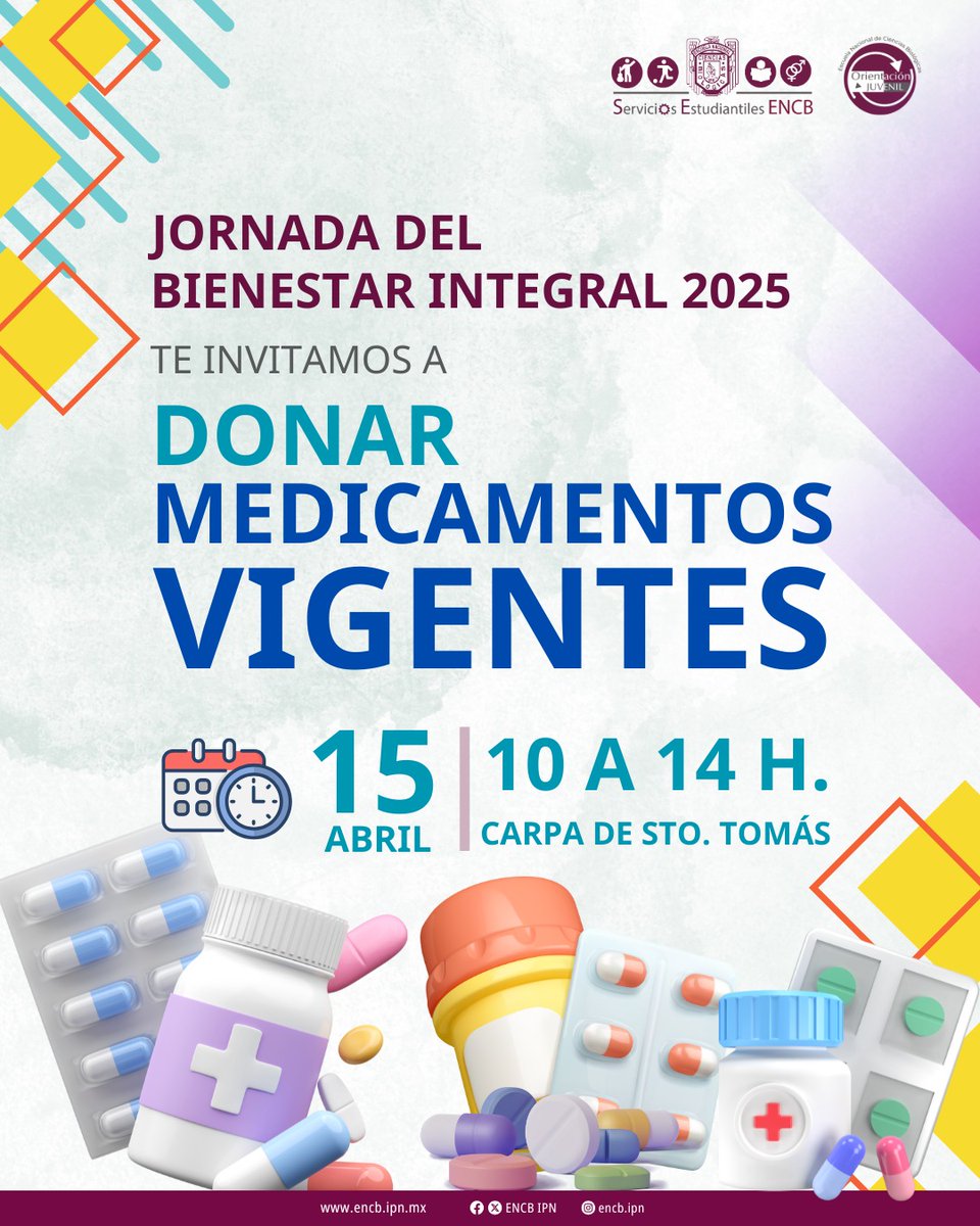¿Tienes medicamentos 💊💊 que no han caducado y ya no los consumes? Te invitamos a que los dones durante la Jornada del Bienestar Integral 2025 🤝
📅 Martes 15 de abril
🕙 10:00 a 14:00 h
📍 Carpa de la Explanada - ENCB Sto. Tomás