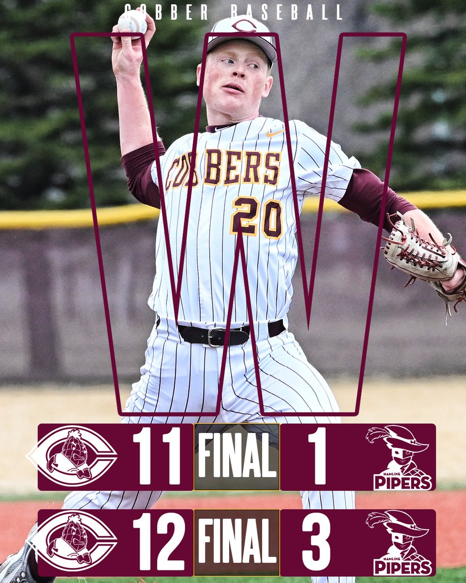 𝗖𝗢𝗕𝗕𝗦 𝗦𝗪𝗘𝗘𝗣! 𝗖𝗢𝗕𝗕𝗦 𝗦𝗪𝗘𝗘𝗣!
Cobber baseball makes it 4 straight with another high-octane offensive performance!
- 4 straight games with over 10 runs✔️
- Brock Anderson⬇️ pitches a complete game, 6-hitter with 5 Ks to get his first collegiate W!