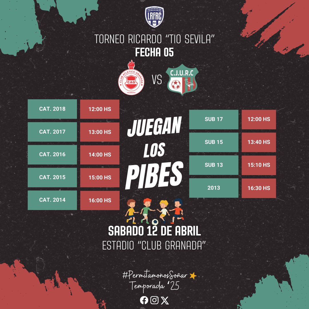 #𝗟𝗥𝗙𝗥𝗖
#𝗧𝗼𝗿𝗻𝗲𝗼𝗜𝗻𝗳𝗮𝗻𝘁𝗼𝗝𝘂𝘃𝗲𝗻𝗶𝗹 
#𝗧𝗶𝗼𝗦𝗲𝘃𝗶𝗹𝗹𝗮

5ta jornada para las divisiones formativas.
Nos trasladamos a la vecina localidad de Holmberg para visitar a #Granada “A” este sábado desde las 12:00 Hs.
Como siempre esperamos de vos y toda la familia.